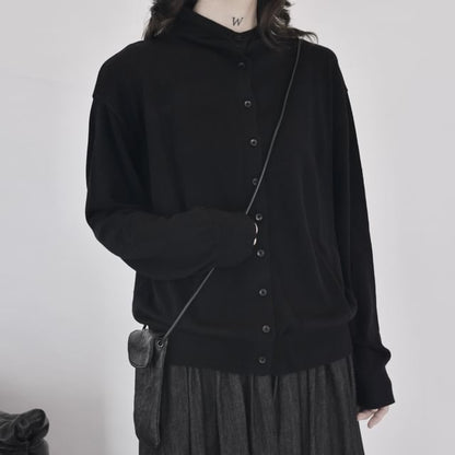 Stand Collar Button-Up Plain Cardigan