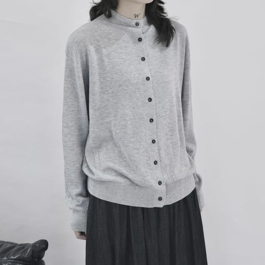 Stand Collar Button-Up Plain Cardigan
