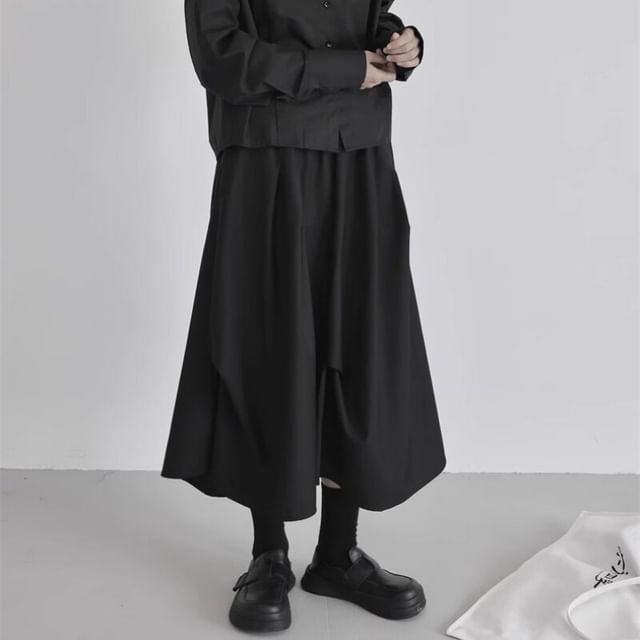 Black Asymmetrical A-Line Midi Skirt - High Waist Plain