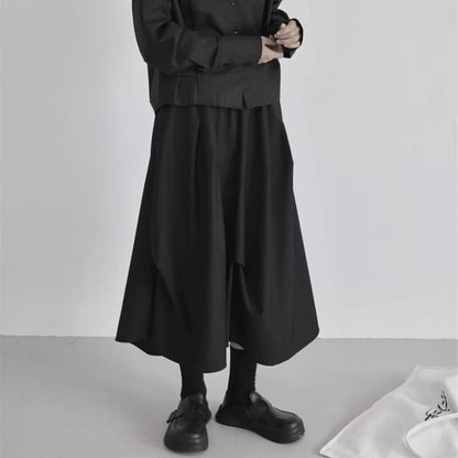 Black Asymmetrical A-Line Midi Skirt - High Waist Plain