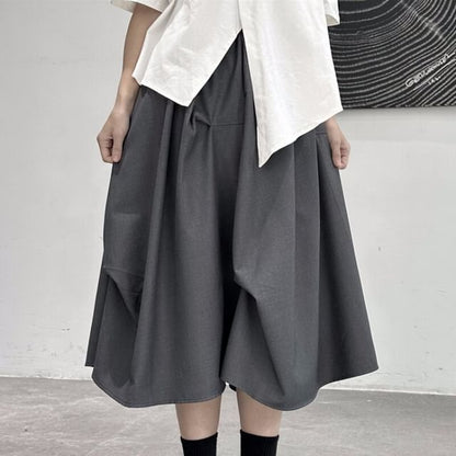 Black Asymmetrical A-Line Midi Skirt - High Waist Plain