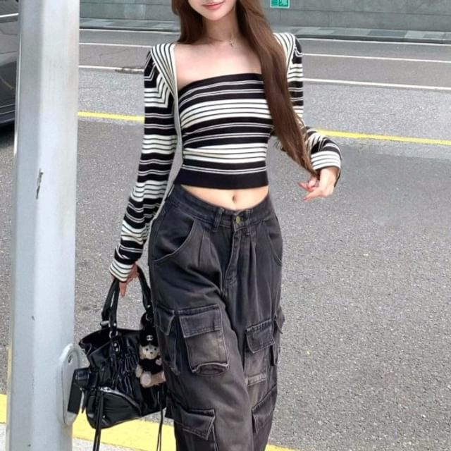 Striped Knit Crop Tube Top with Open Front Shrug Set