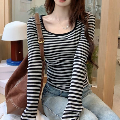Square Neck Long-Sleeve Striped Tee - Modern Fit