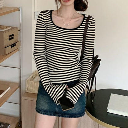 Square Neck Long-Sleeve Striped Tee - Modern Fit