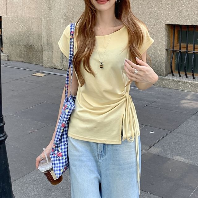 Round Neck Slit Top with Drawstring - French Sleeve