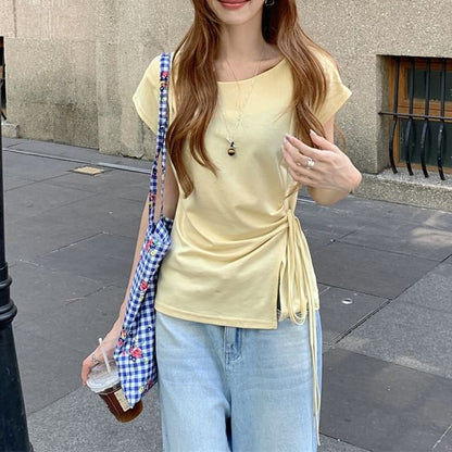 Round Neck Slit Top with Drawstring - French Sleeve