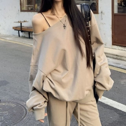 Asymmetric One-Shoulder Sweatshirt with Drawstring Waist Pants