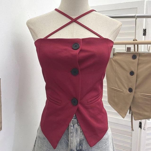 Halter-Neck Button-Up Top with Slit - Chic