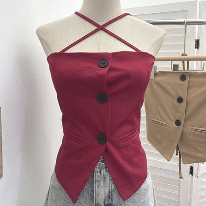 Halter-Neck Button-Up Top with Slit - Chic