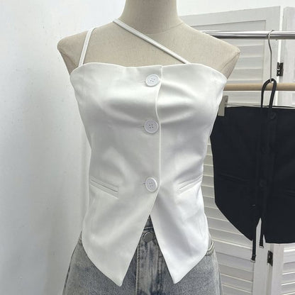 Halter-Neck Button-Up Top with Slit - Chic