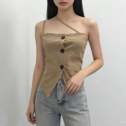 Halter-Neck Button-Up Top with Slit - Chic