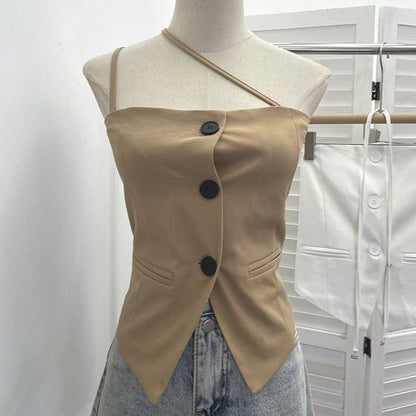 Halter-Neck Button-Up Top with Slit - Chic