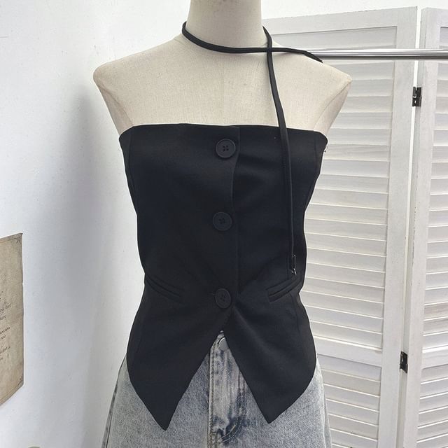 Halter-Neck Button-Up Top with Slit - Chic