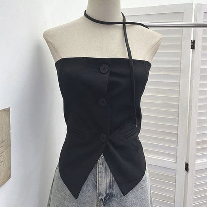 Halter-Neck Button-Up Top with Slit - Chic