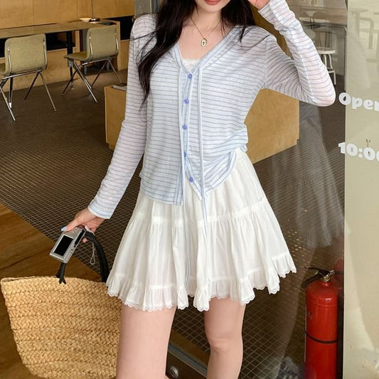 V-Neck Striped Tie Front Light Cardigan