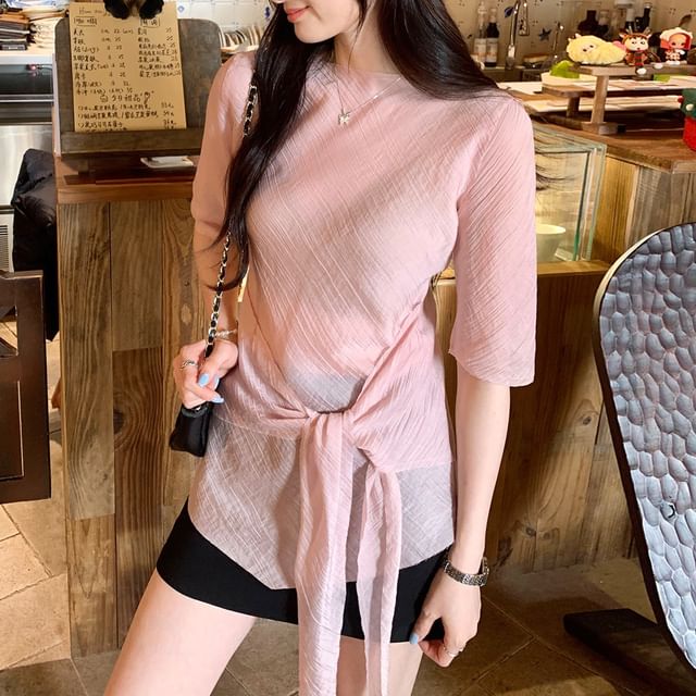 Mock Neck Tie-Up Top with Elbow Sleeves - Elegant