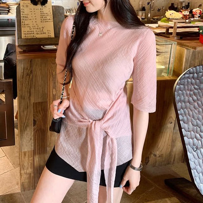 Mock Neck Tie-Up Top with Elbow Sleeves - Elegant