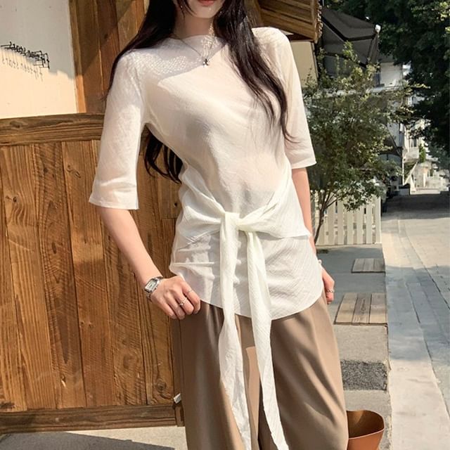 Mock Neck Tie-Up Top with Elbow Sleeves - Elegant