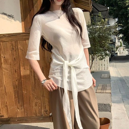 Mock Neck Tie-Up Top with Elbow Sleeves - Elegant