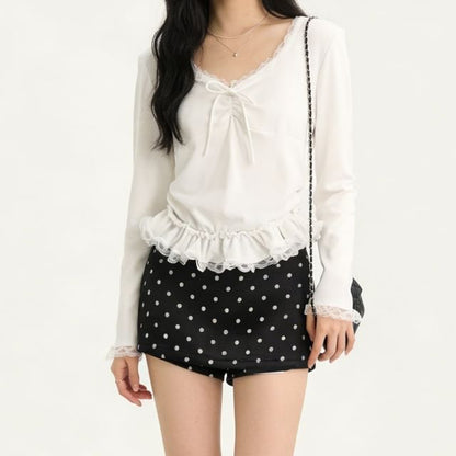 V Neck Tie Front Lace Trim Long Sleeve Top