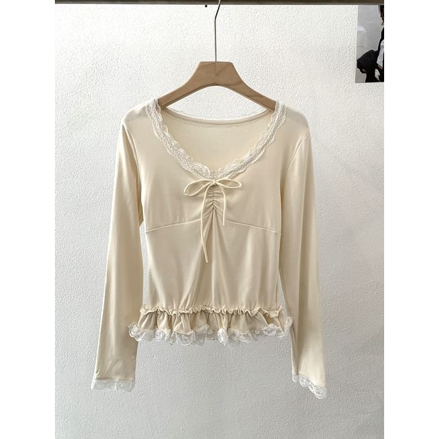 V Neck Tie Front Lace Trim Long Sleeve Top