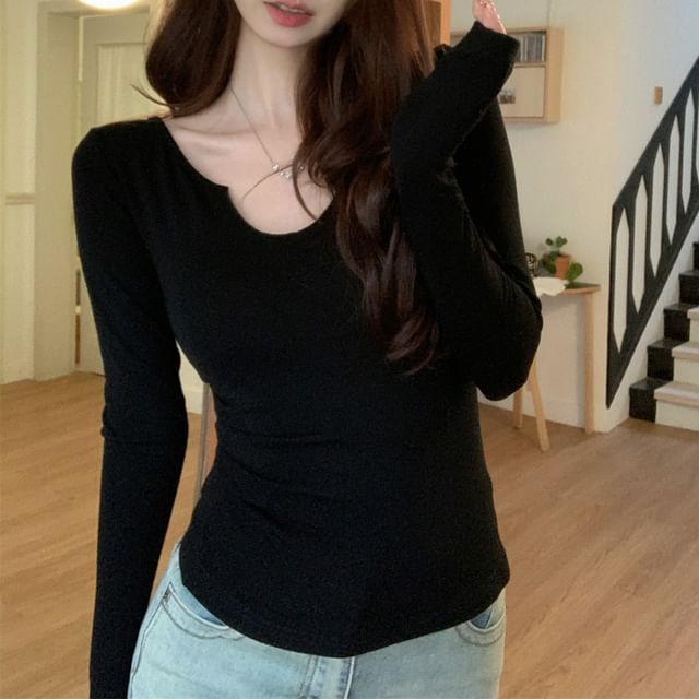 Slim-Fit Notch Neck Long-Sleeve Tee - Solid Color