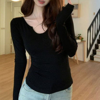 Slim-Fit Notch Neck Long-Sleeve Tee - Solid Color