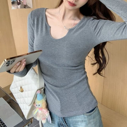 Slim-Fit Notch Neck Long-Sleeve Tee - Solid Color