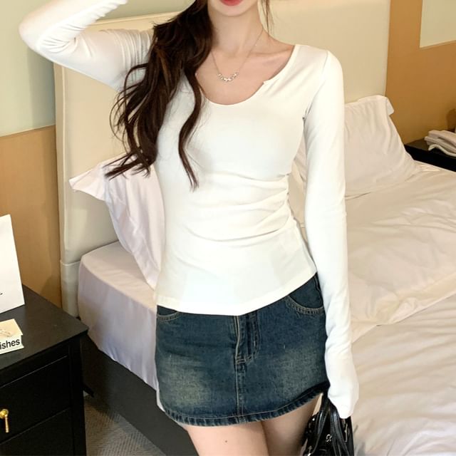 Slim-Fit Notch Neck Long-Sleeve Tee - Solid Color