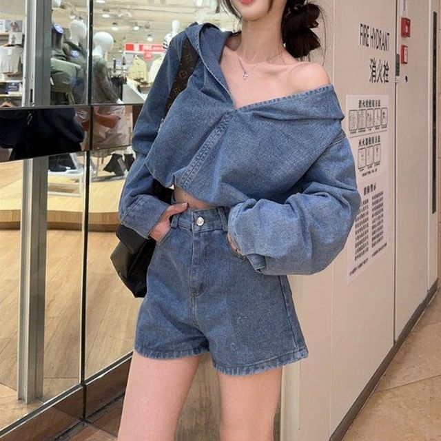 Washed Denim Hoodie and Shorts Set