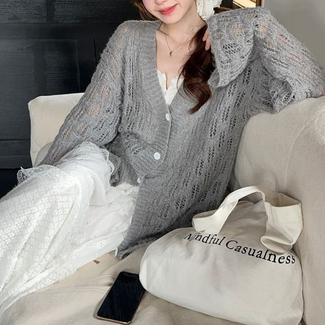 V-Neck Perforated Button-Up Plain Cardigan / High Waist Lace Trim Tiered Maxi A-Line Skirt