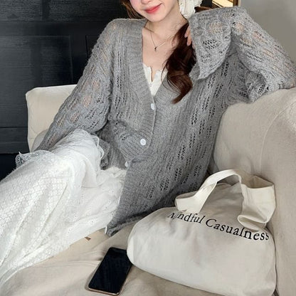 V-Neck Perforated Button-Up Plain Cardigan / High Waist Lace Trim Tiered Maxi A-Line Skirt