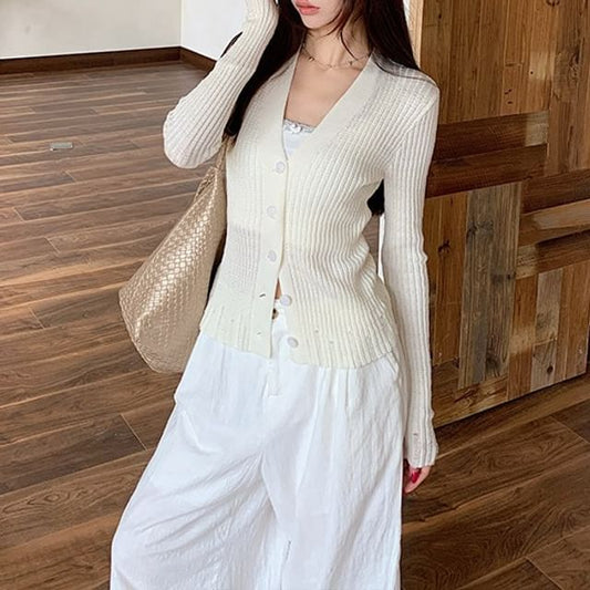 V-Neck Distressed Button-Up Plain Cardigan