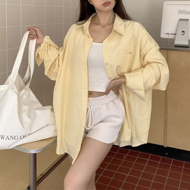 Striped Long-Sleeve Button Blouse with Classic Collar