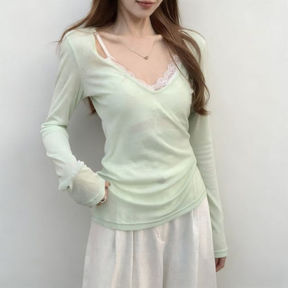 Sheer V-Neck Crop Tee with Lace Detailing - Fitted