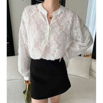 Lace Overhead Shirt with Stand Collar - Long Sleeve