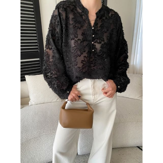 Lace Overhead Shirt with Stand Collar - Long Sleeve