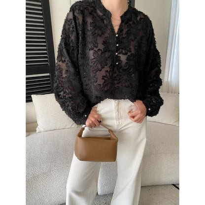 Lace Overhead Shirt with Stand Collar - Long Sleeve