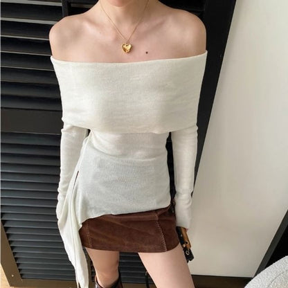 Off-Shoulder Knit Top - Long Sleeve Cozy Style