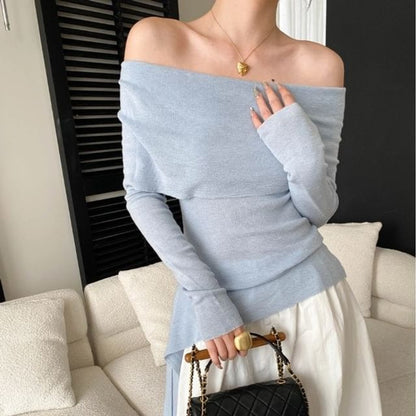 Off-Shoulder Knit Top - Long Sleeve Cozy Style