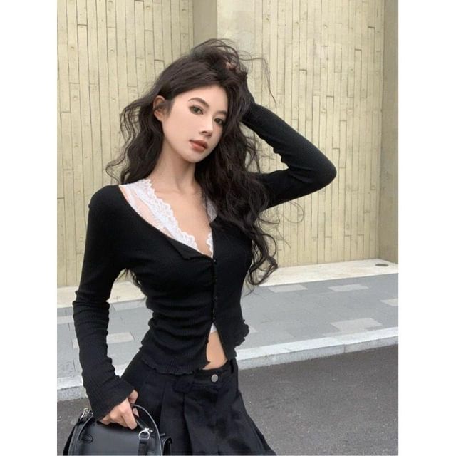 V-Neck Plain Ribbed Cardigan / V-Neck Plain Lace Tank Top