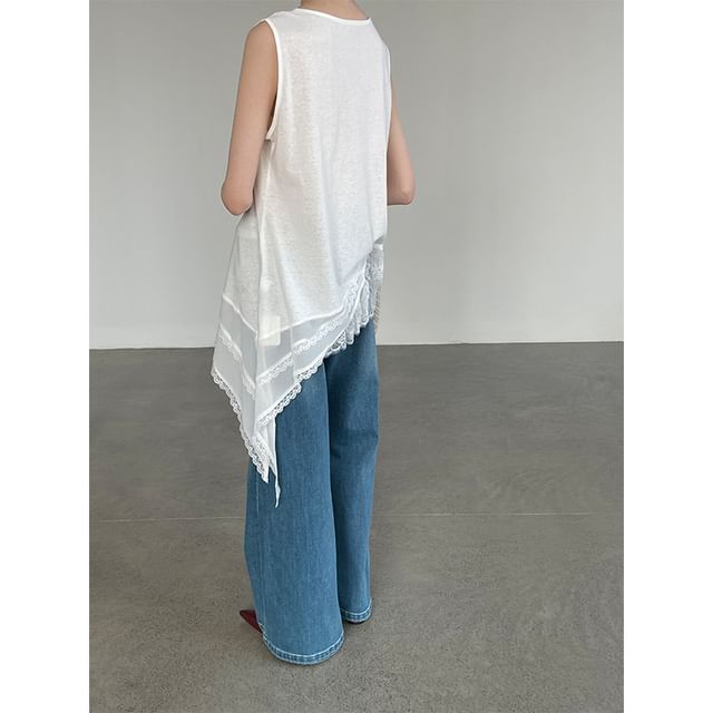 Asymmetric Long Top with Lace Panel - Sleeveless