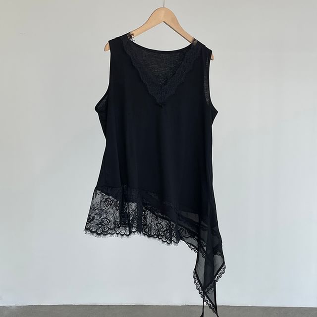 Asymmetric Long Top with Lace Panel - Sleeveless