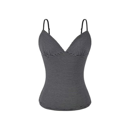 Shirred Striped Crop Top with V-Neckline - Trendy