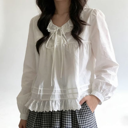 Elegant Lace Collar Long Sleeve Shirt
