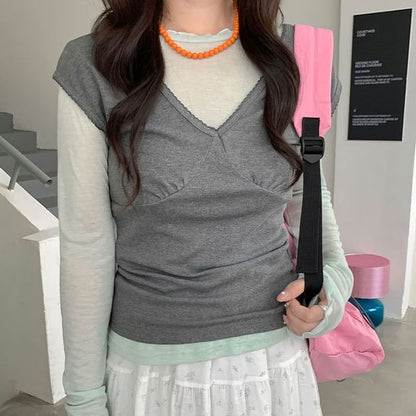 Slim Fit Cap Sleeve V-Neck Tee