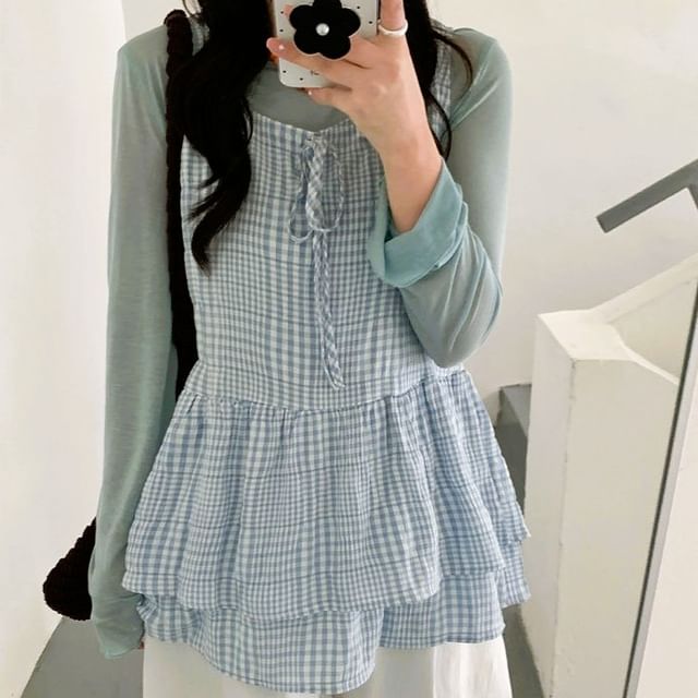 Tie Front Layered Plaid Tunic