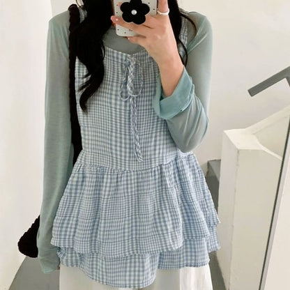 Tie Front Layered Plaid Tunic