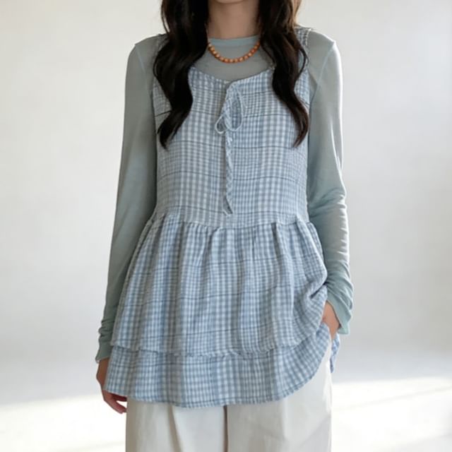 Tie Front Layered Plaid Tunic