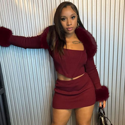 Furry Trim Crop Top and Mini Skirt Set